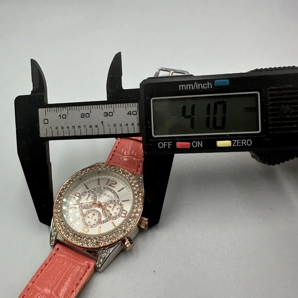 Bebe Watch Women Silver Rose Gold Tone Faux Chronograph Pave Crystal Bezel 9